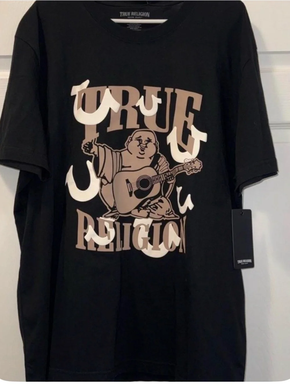True Religion Black Tee with Beige Graphic Logo - Men